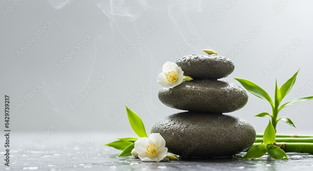 Obraz premium Weathered River Stones Stacked with Jasmine Blossoms and Bamboo Shoots in Dewdrops Glistening with Gentle Steam Rising