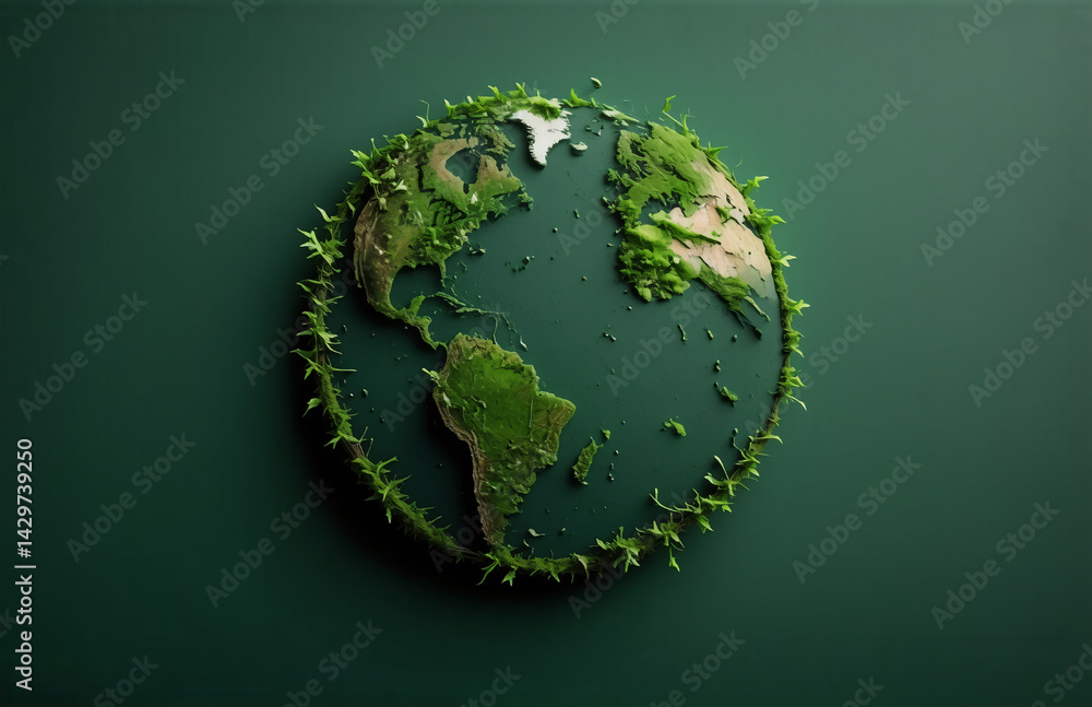 Fototapeta premium A stylized Earth model, rendered in shades of green, depicts continents covered in lush vegetation. The planet is encircled by a vibrant, verdant ring, symbolizing environmental growth and preservati
