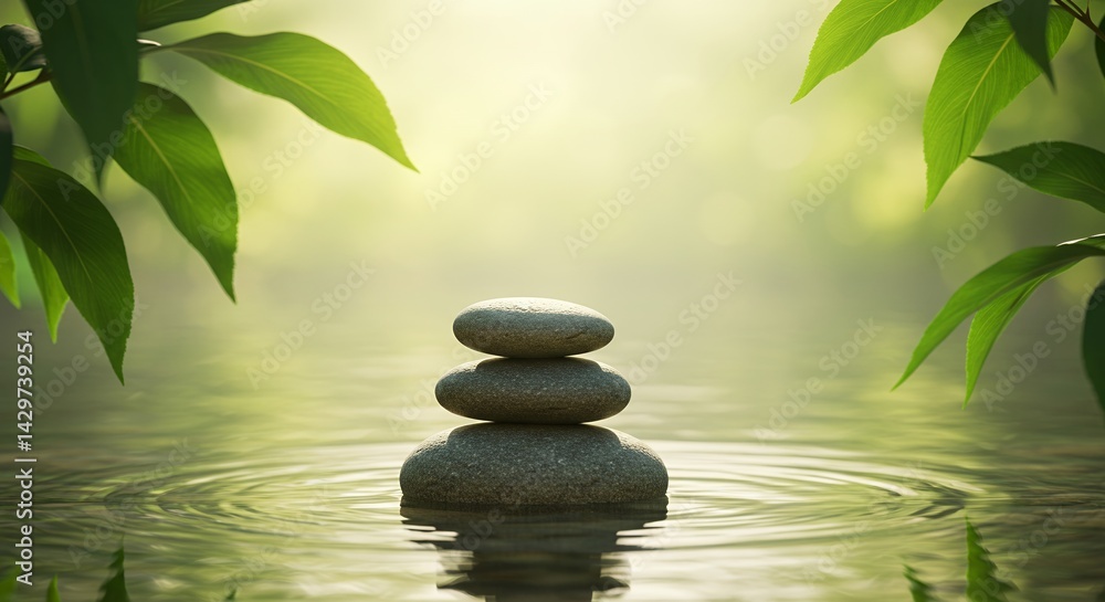 Calm Zen Stone Stack in Rippling Water Surrounded By Lush Green Leaves Creates Sense of Tranquility and Balance Perfect for Meditation and Relaxation Calm Zen Stone Stack in Rippling Water Surrounded By Lush Green Leaves Creates Sense of Tranquility and Balance Perfect for Meditation and Relaxation