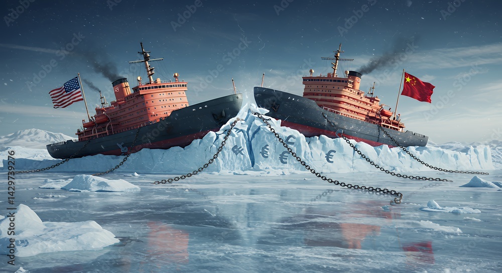 Ships Breaking Iceberg Chained with Symbols Representing Financial Strain