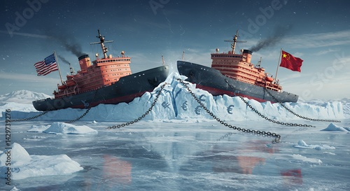 Ships Breaking Iceberg Chained with Symbols Representing Financial Strain
