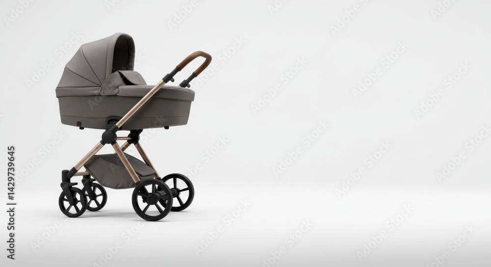 Modern baby stroller with rose gold frame and gray upholstery on light background Modern baby stroller with rose gold frame and gray upholstery on light background