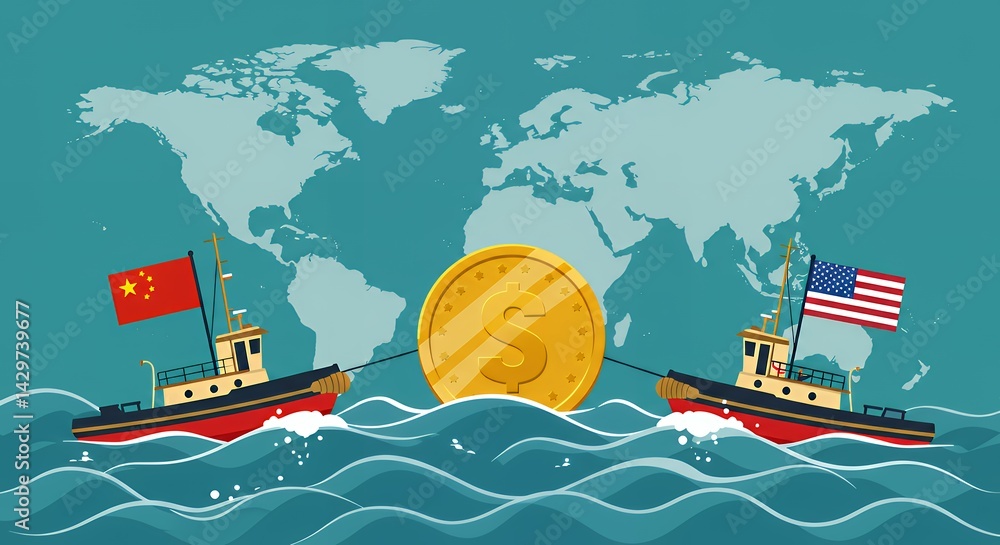 Tugboats Pulling Dollar Coin in Economic Competition Across World Map