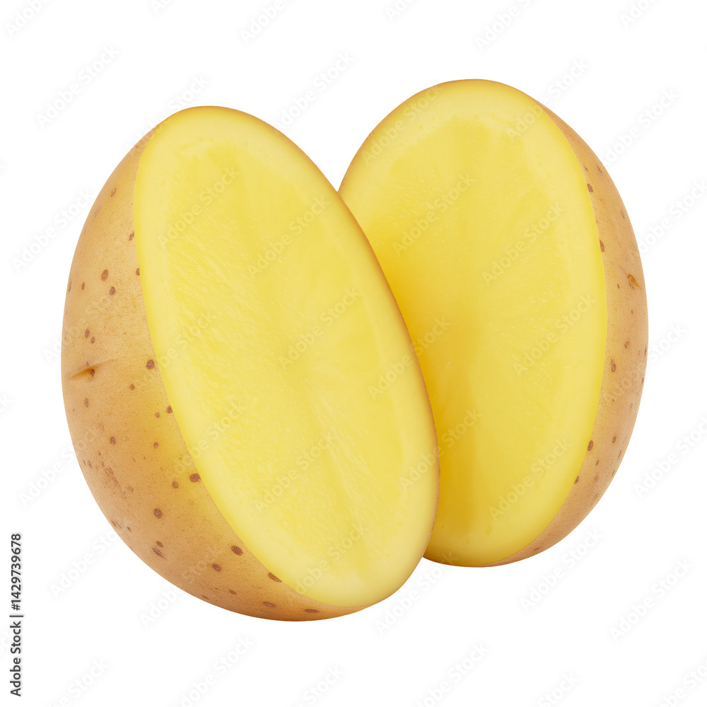 二つにカットされたジャガイモのクローズアップ 透明な背景に分離された新鮮な野菜 二つにカットされたジャガイモのクローズアップ 透明な背景に分離された新鮮な野菜