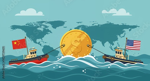 Tug Boats Pulling Large Coin Symbolizing Global Economic Tug War