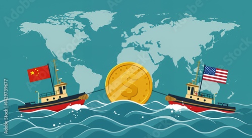 Obraz na płótnie Tugboats Pulling Dollar Coin in Economic Competition Across World Map w salonie