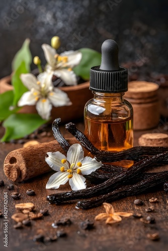 Vanilla Bean Essential Oil Bottle with Flowers and Spices