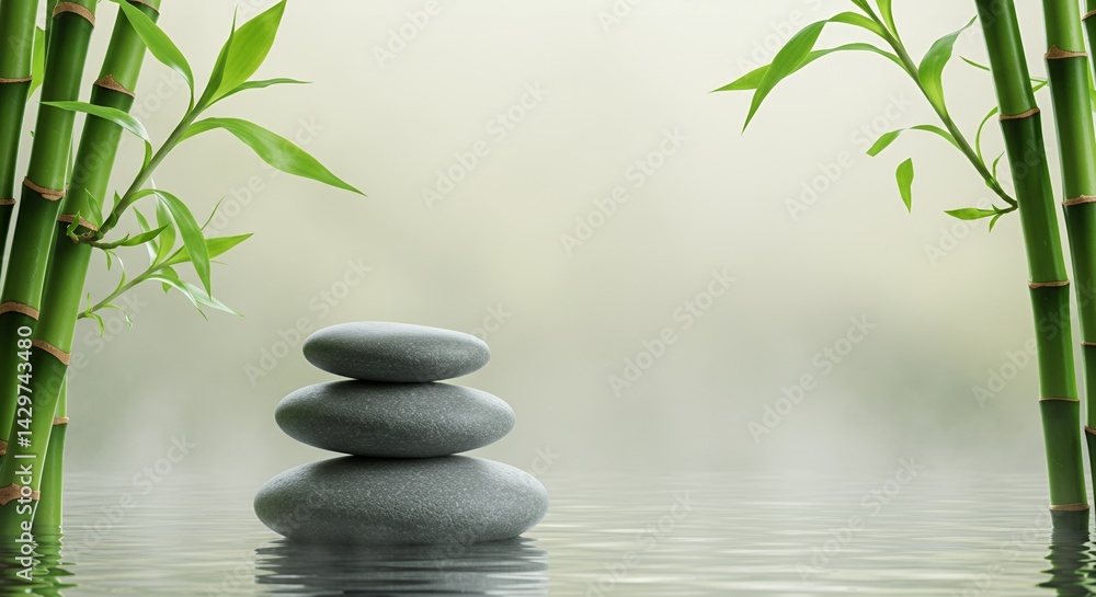 Obraz premium Three Smooth Grey River Stones Balanced on Reflective Water Framed by Green Bamboo Stalks and Soft Gradient Background with Zen and Peaceful Atmosphere
