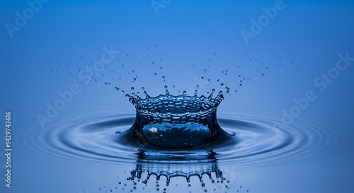 Sapphire Droplet Creates a Mirrored Lake Surface with a Crystalline Crown Splash in Blue Tones Reflecting Dynamic Fractal Patterns Water Reflection Texture and Detail