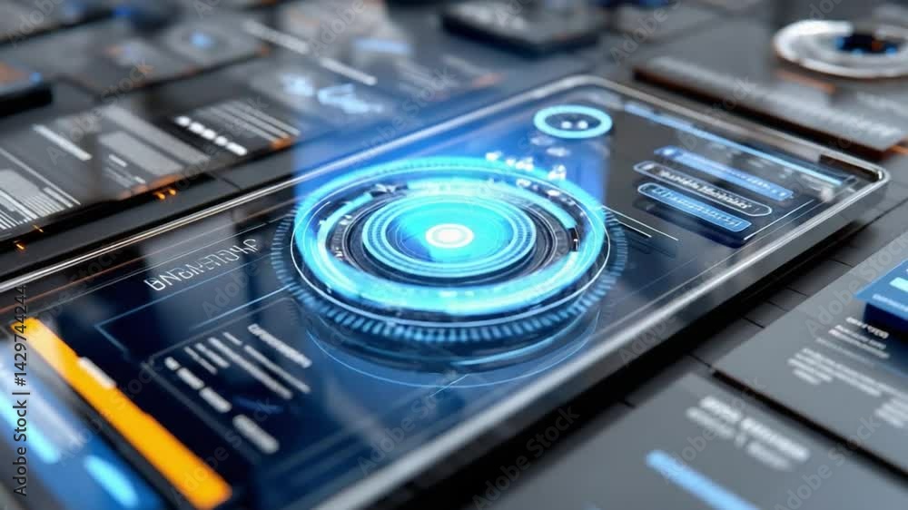 Futuristic Mobile Interface: Close-up view of a sleek smartphone displaying a holographic, futuristic user interface with vibrant blue and orange accents. Futuristic Mobile Interface: Close-up view of a sleek smartphone displaying a holographic, futuristic user interface with vibrant blue and orange accents.
