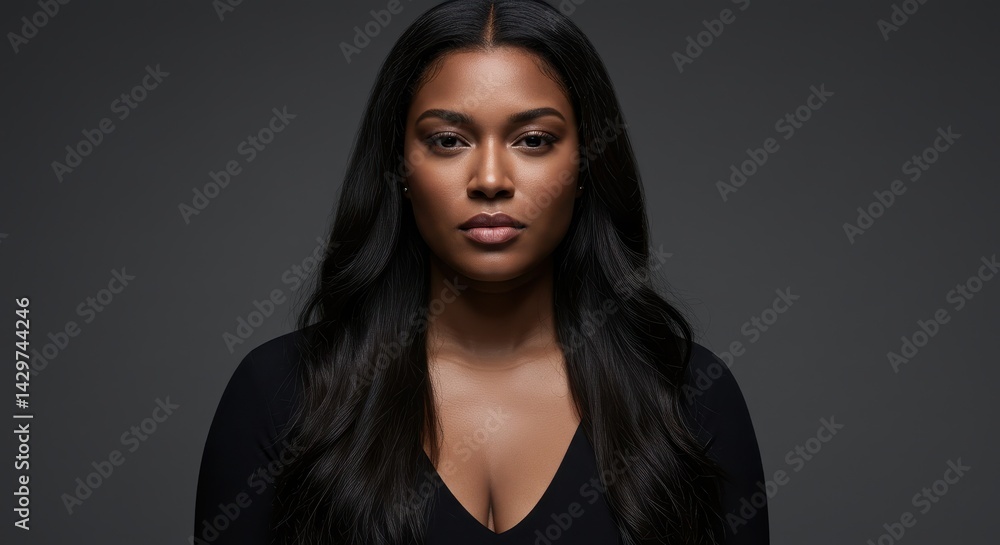 Fototapeta premium Serious person with long dark hair in black top looking directly at the camera