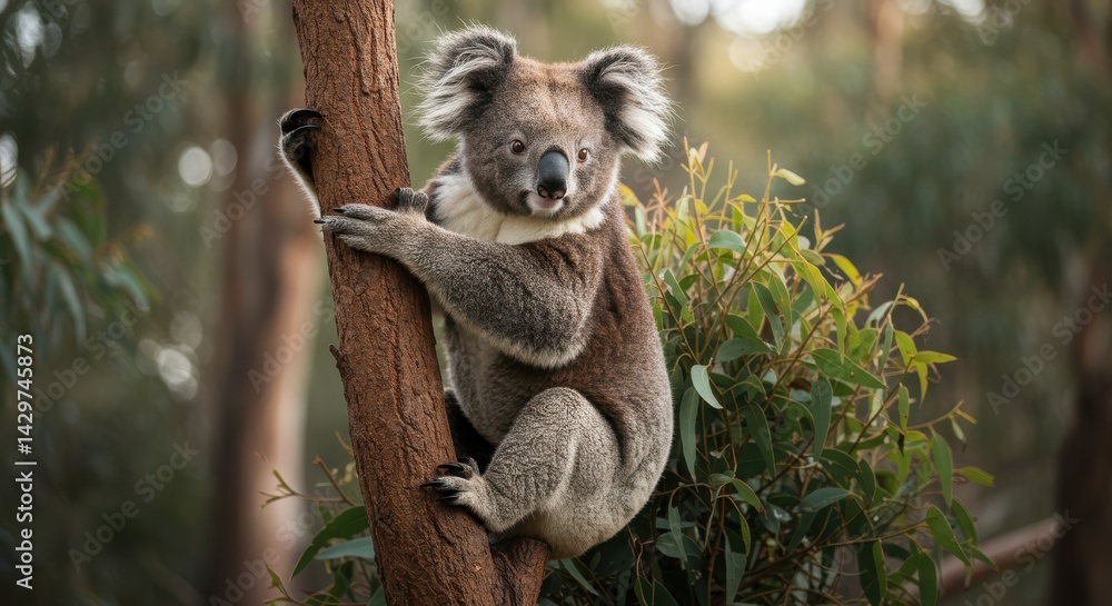 Fototapeta premium Koala perched on tree trunk in dense forest with sunlight filtering through the canopy
