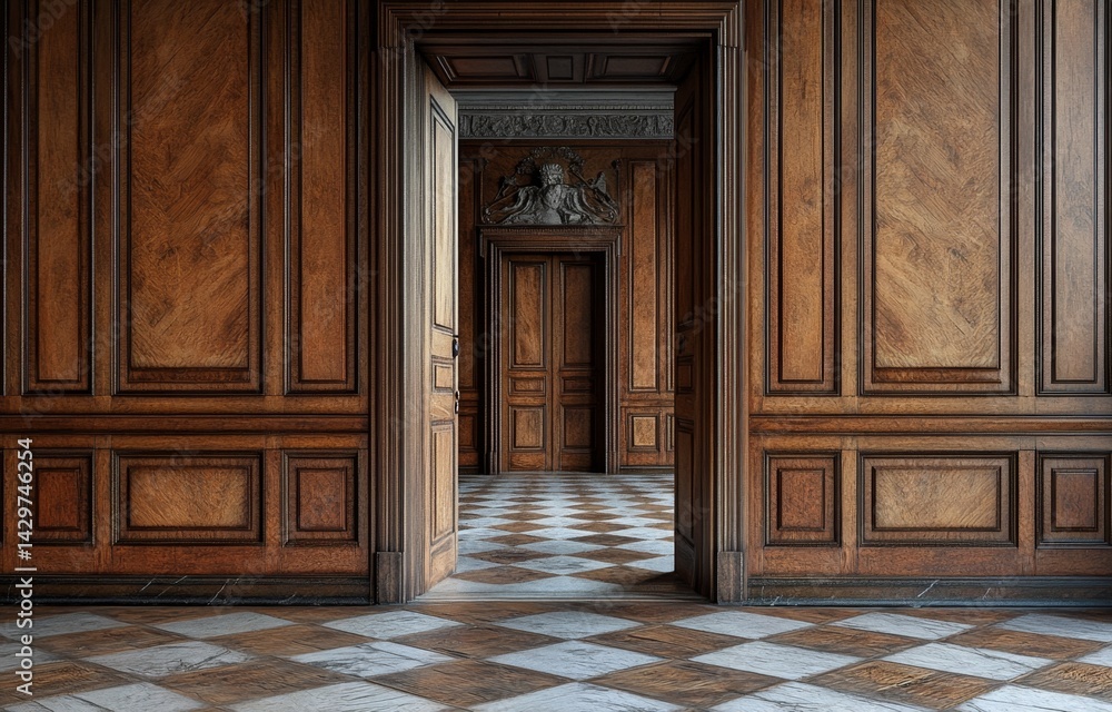 Grand hall with intricately paneled walls and a checkered marble floor Grand hall with intricately paneled walls and a checkered marble floor