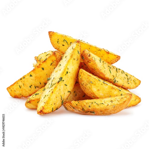 Pile of seasoned potato wedges, golden and tasty isolated on white background