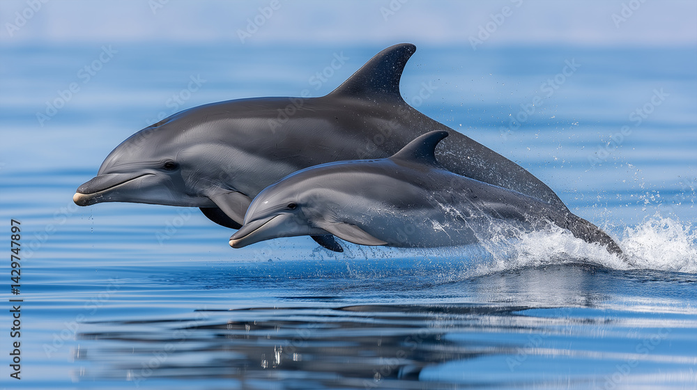 Fototapeta premium Striking Dolphins Leap: Two sleek dolphins gracefully leap through the ocean, their powerful bodies creating a splash of water. A stunning display of marine wildlife in their natural habitat. 