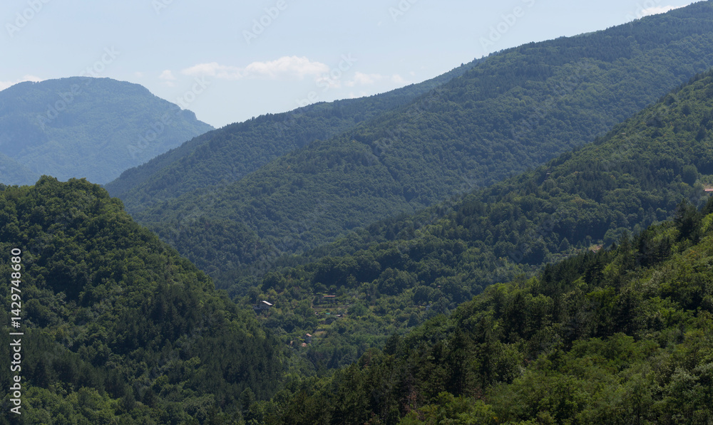 Rhodopes, are a mountain range in Southeastern Europe. Bulgaria. Panorama. The forest area covers the mountains. Rhodopes, are a mountain range in Southeastern Europe. Bulgaria. Panorama. The forest area covers the mountains.