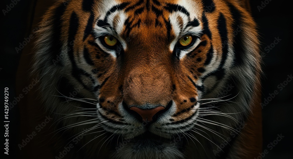 Fototapeta premium Close-up of a tiger's face with intense yellow eyes and dramatic lighting