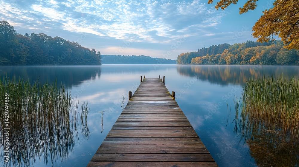 Fototapeta premium An old wooden pier extending out into a calm and peaceful lake