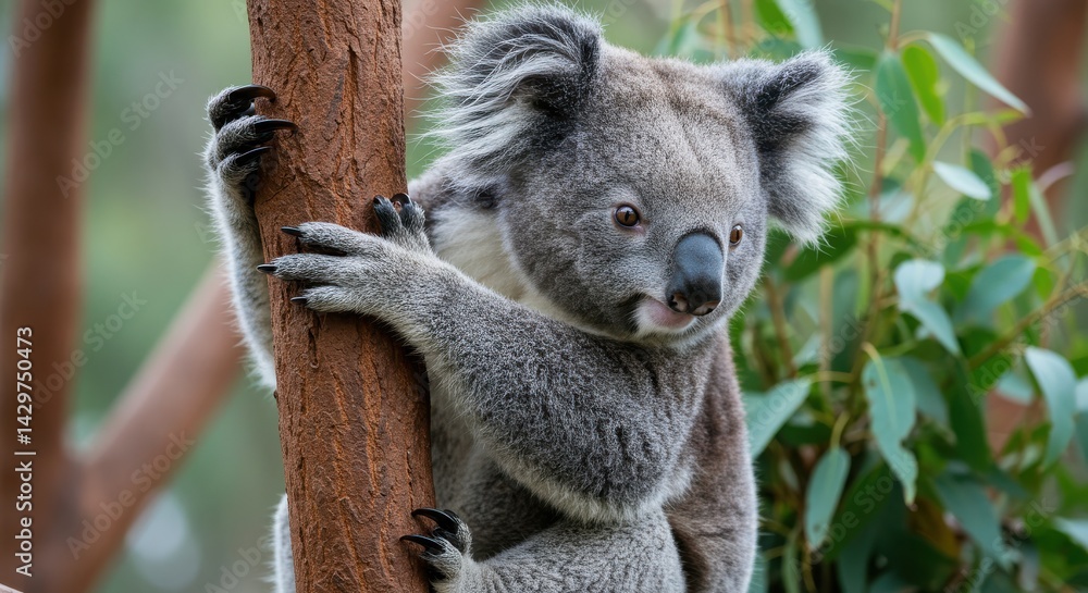 Obraz premium Close-up of a koala perched on a tree trunk with green foliage in the background