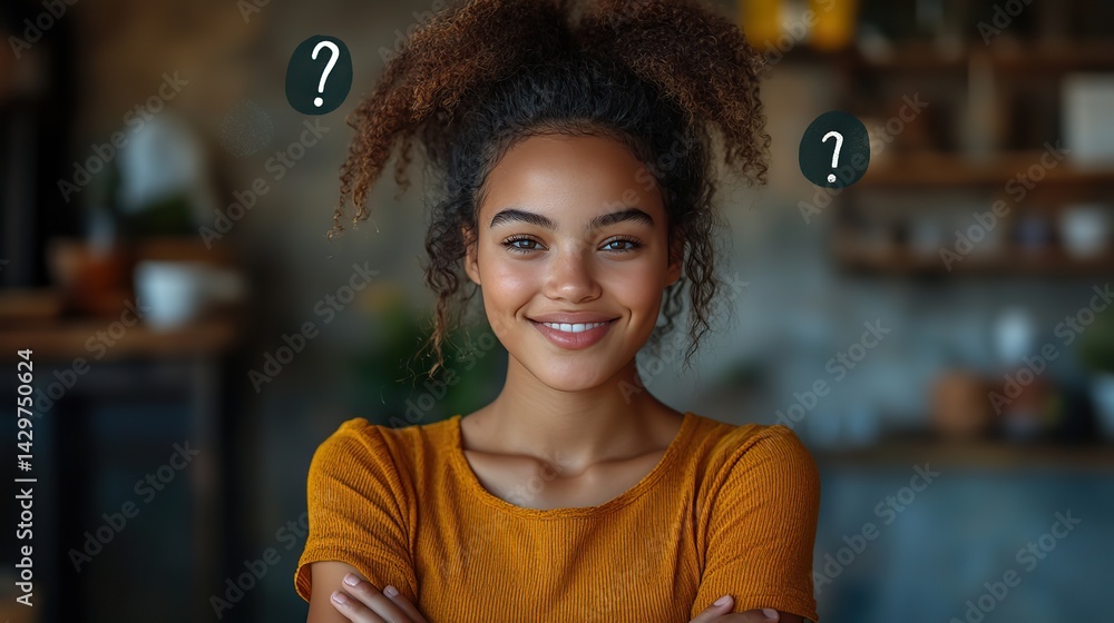 Fototapeta premium Arms crossed, a young woman smiles as question marks and speech bubbles float above her, suggesting pondering or questions.
