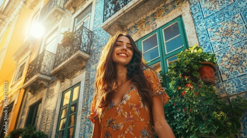 A young woman smiles brightly, standing before a sun-drenched building adorned with vibrant blue and white azulejo tiles.