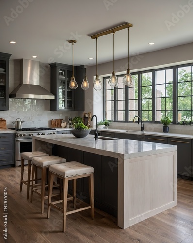 Wallpaper Mural Open concept kitchen with island counter connected to dining area, pendant lights, neutral color scheme, large windows, stylish and functional layout, ultra-sharp, 8k realistic background Torontodigital.ca