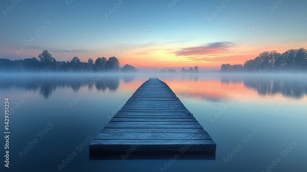 Naklejka premium At dawn, a wooden pier extends into a misty lake with soft fog, creating a serene and tranquil atmosphere for a peaceful summer getaway.