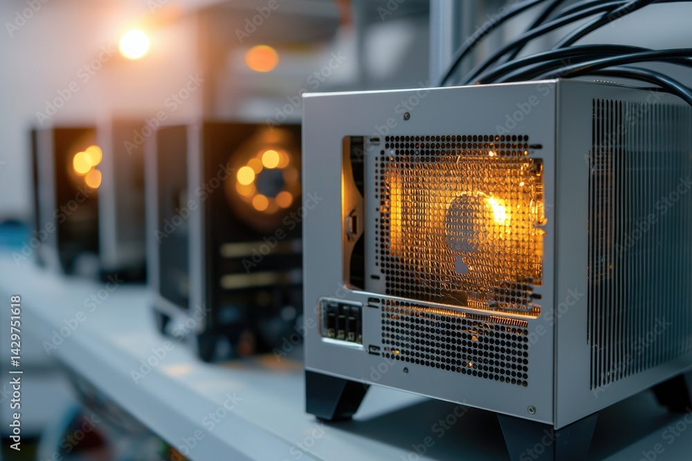 Fototapeta premium Illuminated server rack, showcasing network hardware and glowing components.