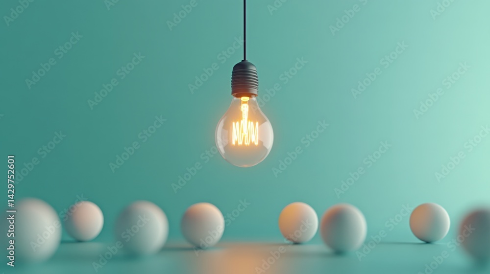 Illuminated Light Bulb Above White Balls on Soft Color Background