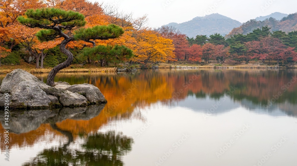 A serene landscape featuring a lone tree on a rock, surrounded by autumn foliage and a calm lake reflecting the colorful scenery.