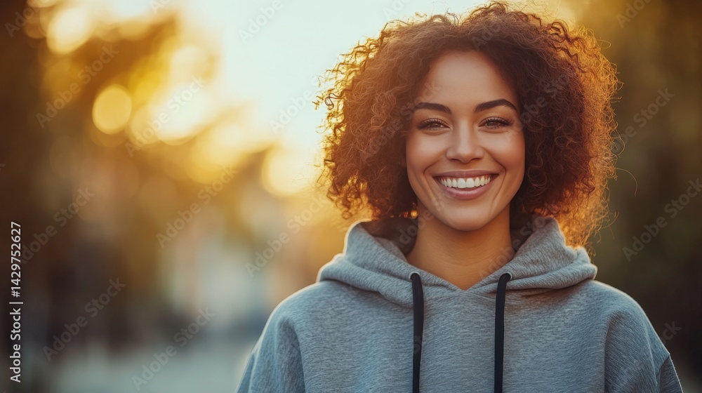 Cheerful Young Woman with Curly Hair and Warm Smile