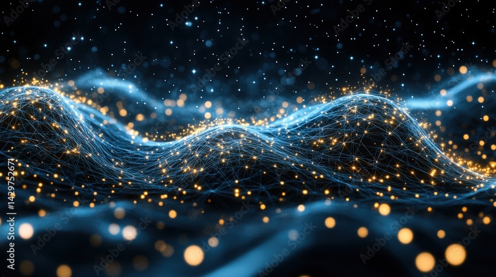 Abstract Digital Landscape with Glowing Particles and Lines