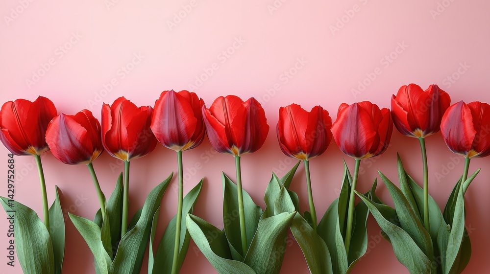 Vibrant Red Tulips with Lush Green Leaves on Soft Background
