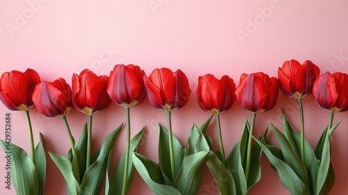 Obraz na płótnie Vibrant Red Tulips with Lush Green Leaves on Soft Background w salonie