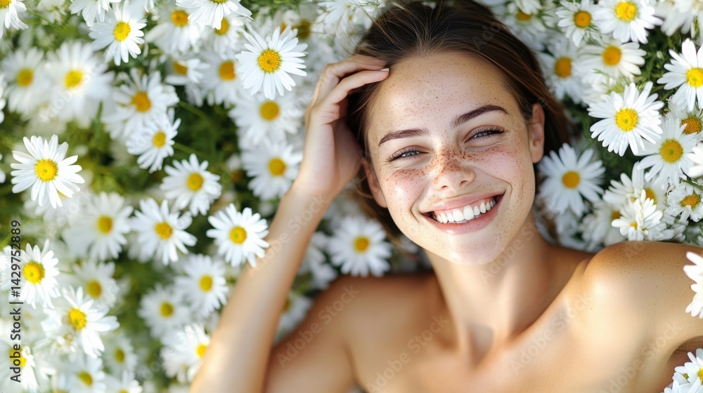 Joyful Young Woman Smiling Among Bright White Daisies
