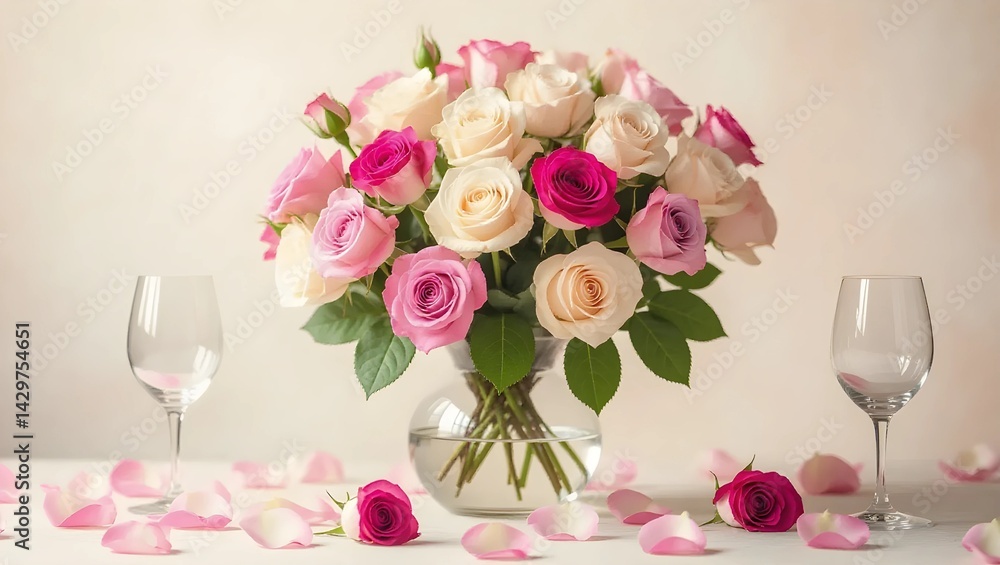 A beautiful bouquet of mixed pink and cream roses arranged in a clear glass vase. A beautiful bouquet of mixed pink and cream roses arranged in a clear glass vase.