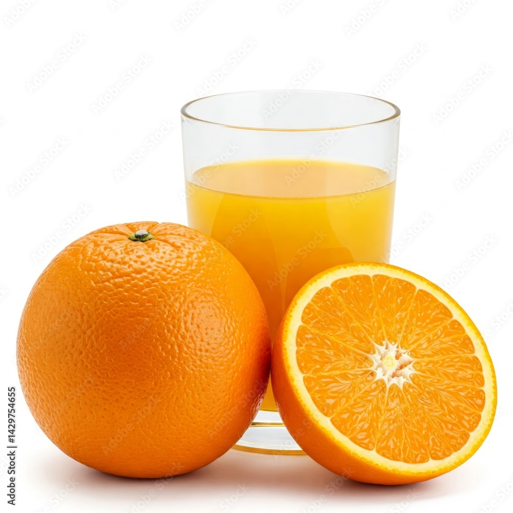 Glass of orange juice, a hole orange and a half orange on white background Glass of orange juice, a hole orange and a half orange on white background