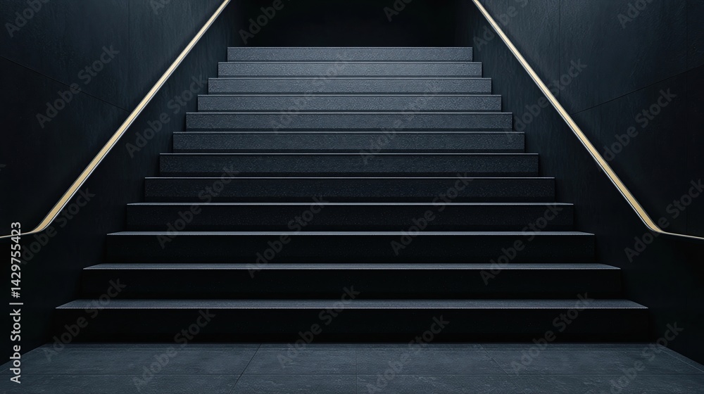 A dark staircase with sleek steps and illuminated handrails, creating a modern and minimalist atmosphere. A dark staircase with sleek steps and illuminated handrails, creating a modern and minimalist atmosphere.