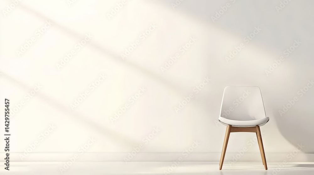 A minimalist white chair casts shadows against a bright wall, creating a serene and inviting atmosphere.