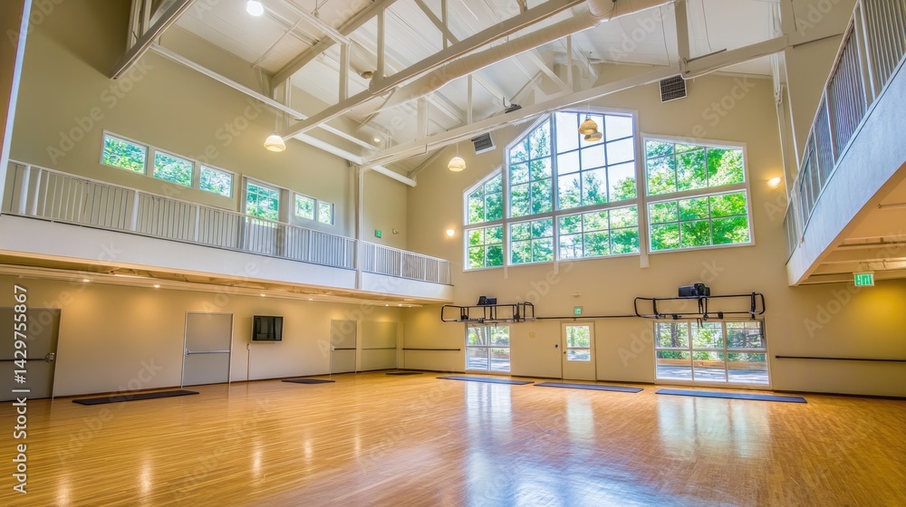 Spacious community center with natural light and wooden floors. Spacious community center with natural light and wooden floors.