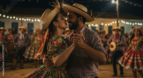 Couple dancing quadrilha in straw hats and traditional clothes.