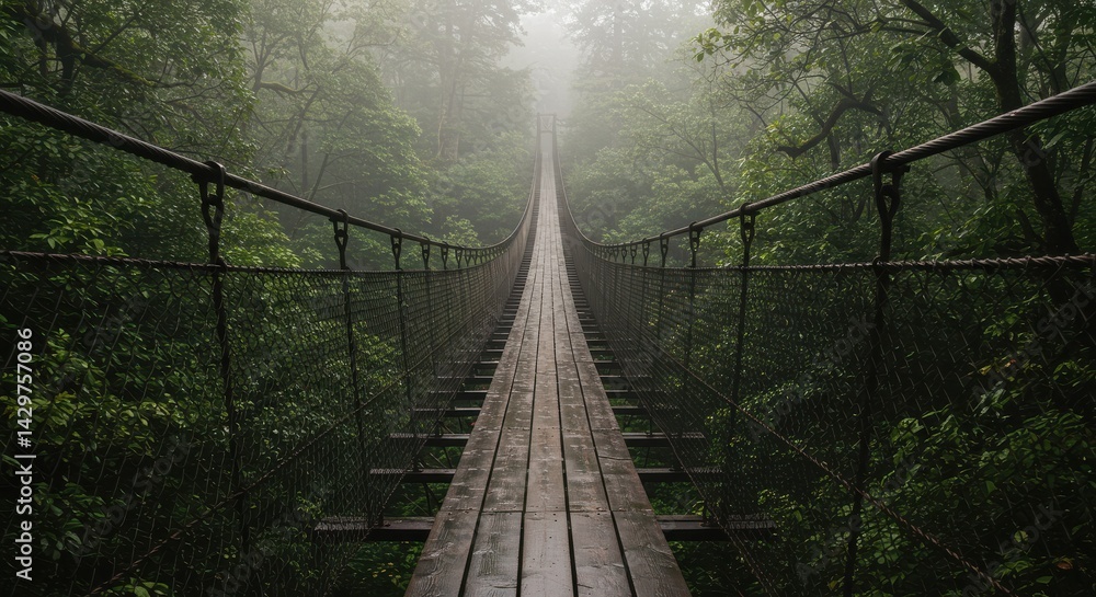 Fototapeta premium A suspension bridge made of wooden planks in a dense, misty forest