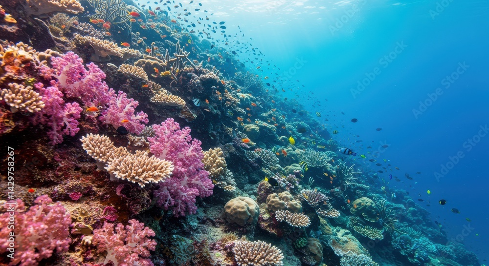 Fototapeta premium Vibrant coral reef with pink, purple, and white coral and small colorful fish underwater
