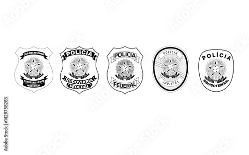 Brasão da Policia do Brasil. Policia Federal PF, Policia Rodoviaria Federal PRF, Judicial, Polícias especiais em vetor editável para concurso publico da policia brasileira 