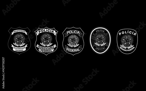 Brasão da Policia do Brasil. Policia Federal PF, Policia Rodoviaria Federal PRF e Judicial em vetor editável para concurso publico da policia brasileira 