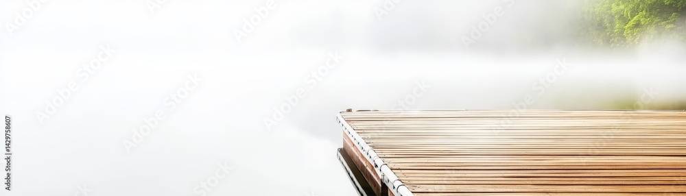 A serene wooden dock extends over a misty water surface, creating a tranquil atmosphere surrounded by soft hues of nature.