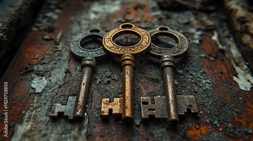 Bronze keys lie scattered on a dusty wooden floor in an abandoned, old house