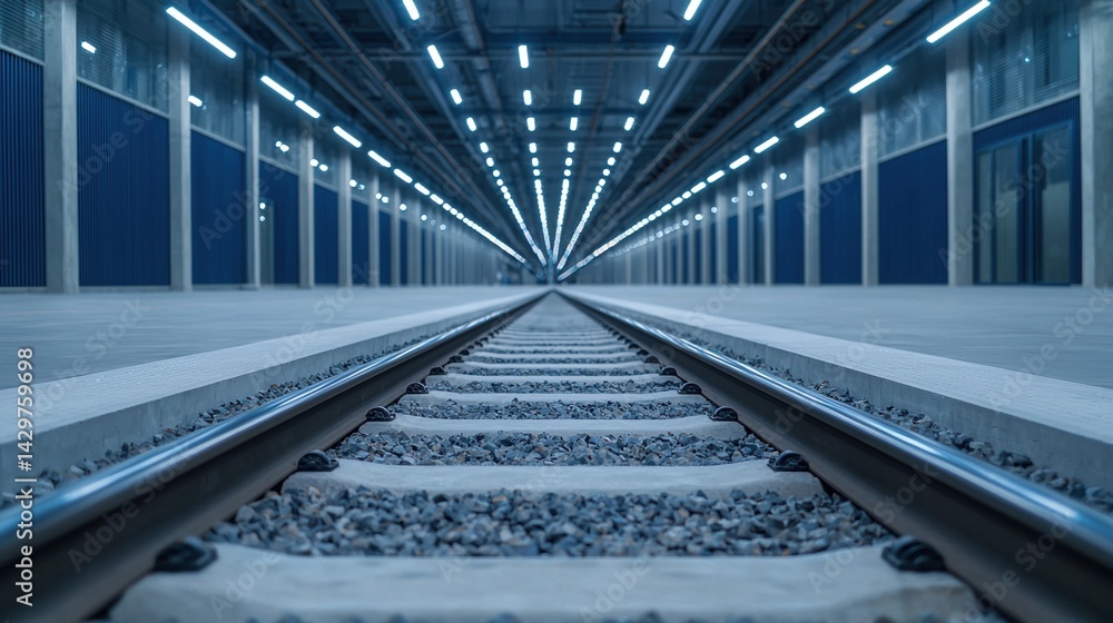 Obraz premium A perspective view of railway tracks extending into a well-lit, modern tunnel, showcasing industrial design and symmetry.