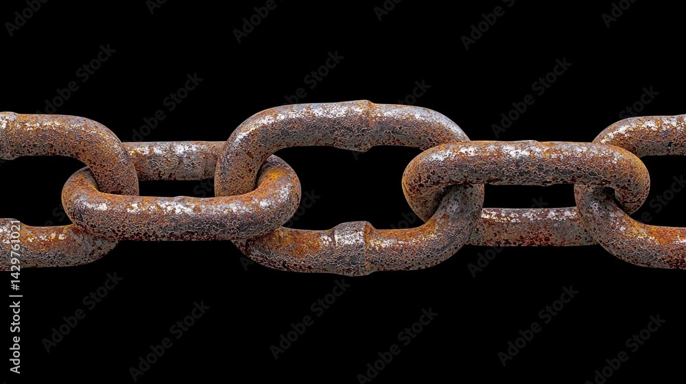 Obraz premium A close-up of a rusty metal chain, showcasing its weathered texture and aged appearance against a black background.