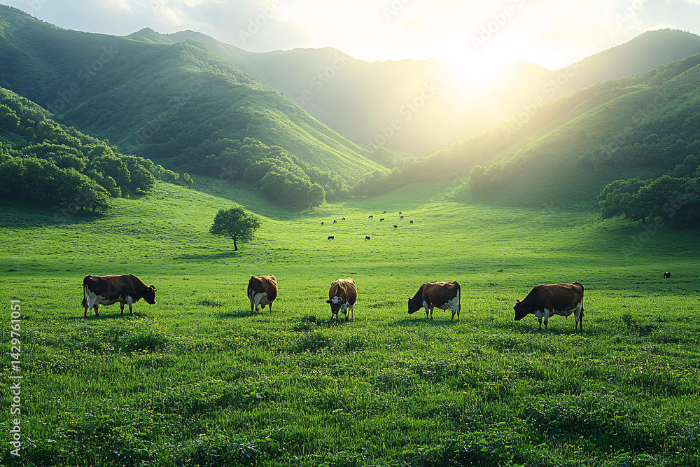 Tranquil Pasture With Cows At A Sunny Day